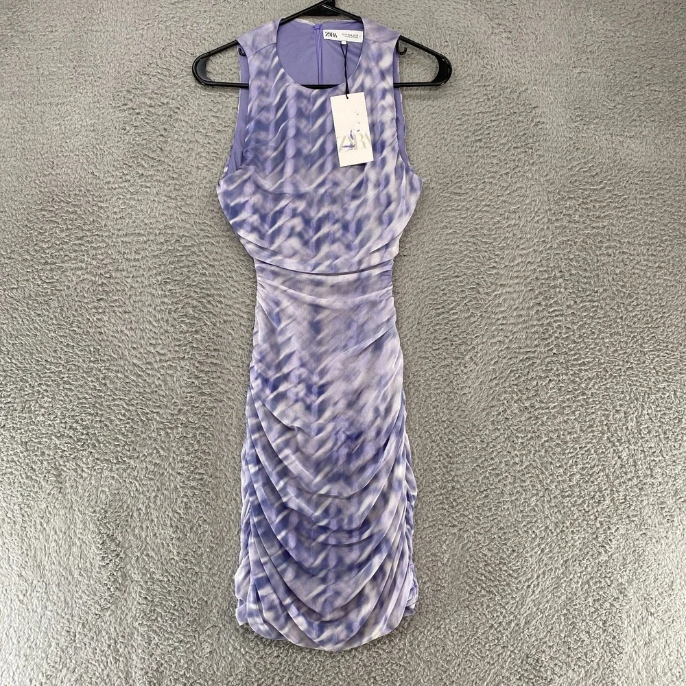 Zara Mesh Dress Womens Medium Cut Out Open Back Ruched Tie Dye Lavender - Picture 1 of 13